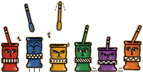 The six colorful Woqeta mortar-and-pestle fighters